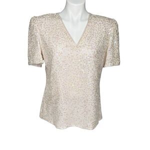 Laurence Kazar pink blush vintage short sleeve V neck sequin top size M